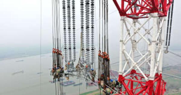 白鶴灘－江蘇超高圧送電線、安徽省区間長江横断部の架線工事が完了
