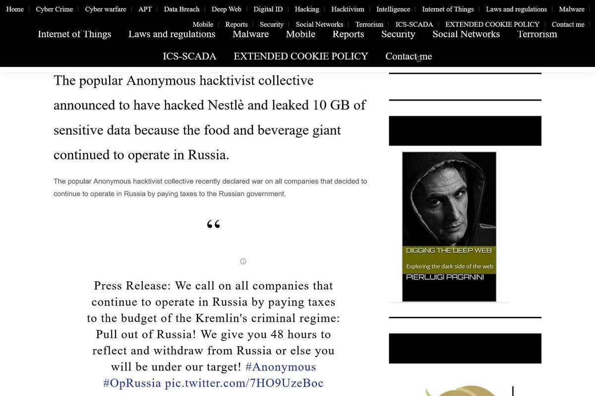 Anonymous「Nestlèからデータ窃取」宣言、ロシアで活動続ける企業攻撃