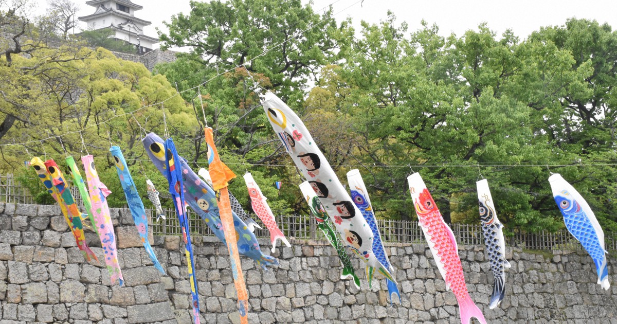 石垣の名城・丸亀城のお堀すいすい　園児手作りこいのぼり　香川