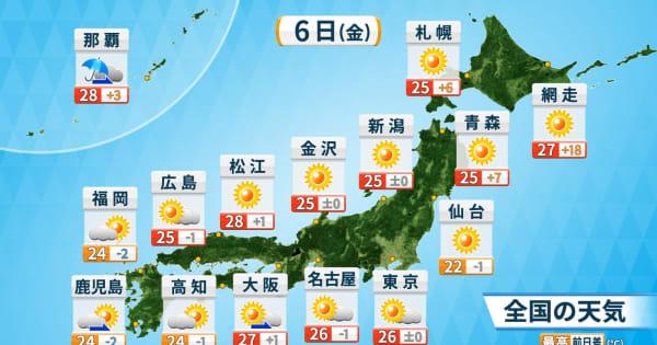 きょう6日の天気　高温エリアは北日本にも拡大　東北で真夏日予想も　沖縄は梅雨空