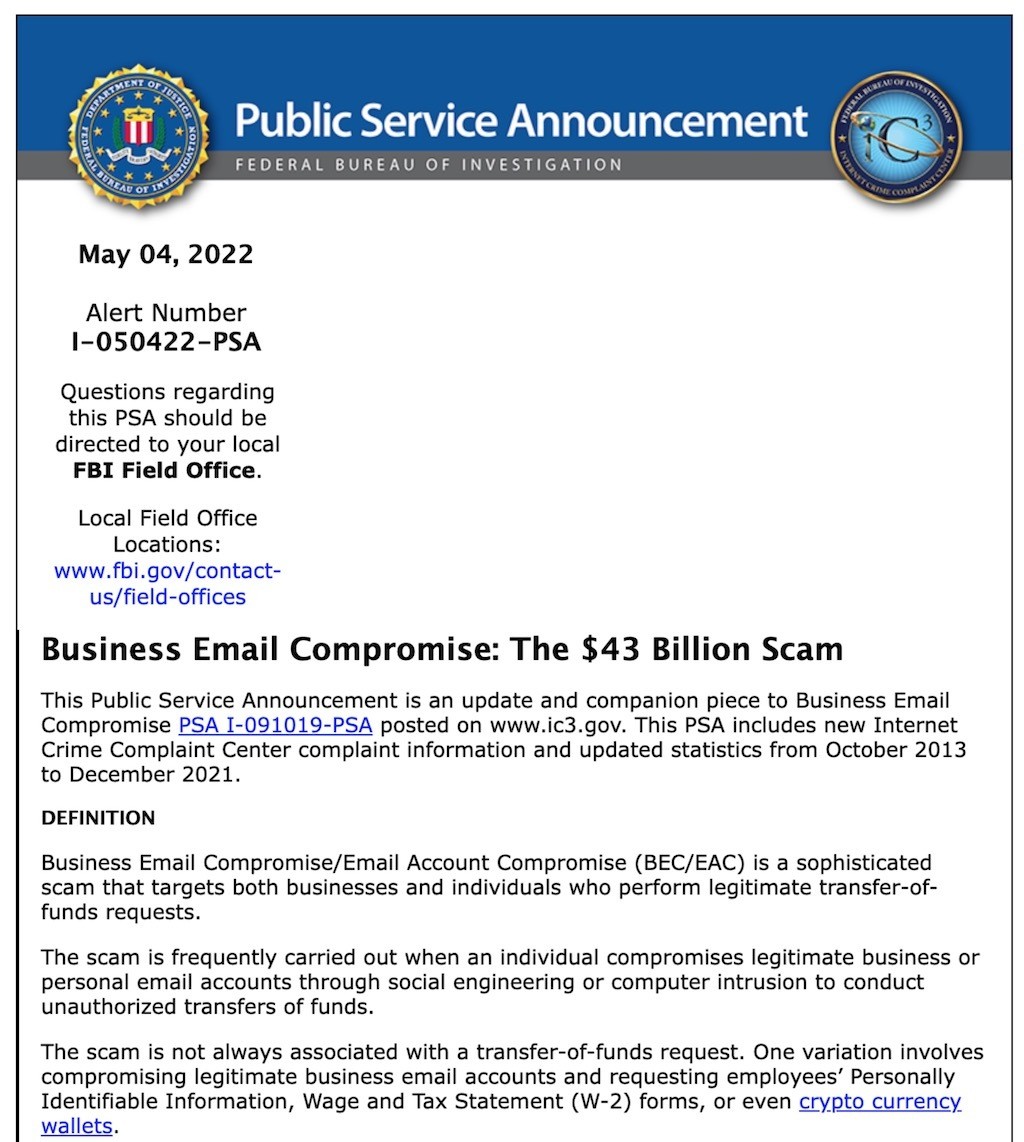 ビジネス電子メール(BEC)の被害総額は5年間で430億ドル超、FBIが注意喚起