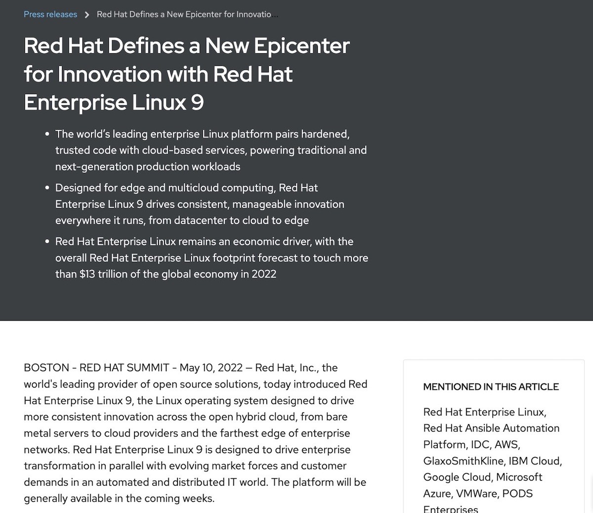 米Red Hat、「Red Hat Enterprise Linux 9」発表 - 数週間以内に一般提供開始