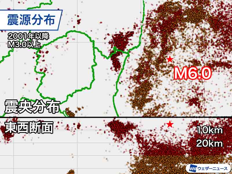 茨城県沖　最大震度5弱の地震は深さ5km　この領域では少ないパターン