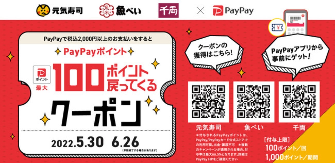 元気寿司、初のPayPayクーポンキャンペーン開催　最大で1,000円分ポイント付与　5月30日より