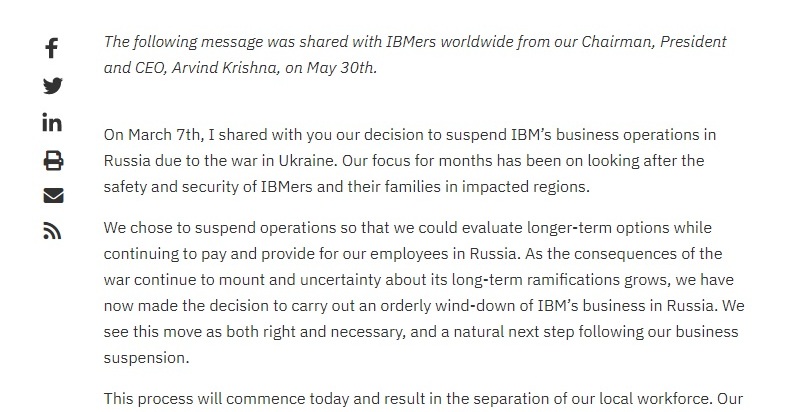 IBM、ロシアから撤退　現地の従業員を解雇