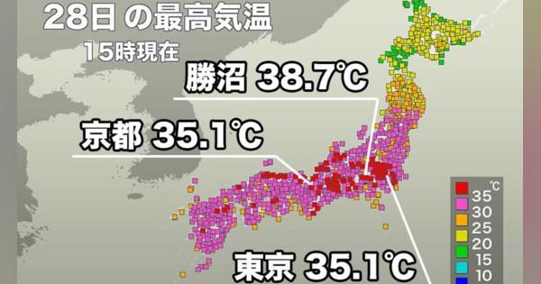 明日は40℃に達する所も。東京は4日連続で猛暑日