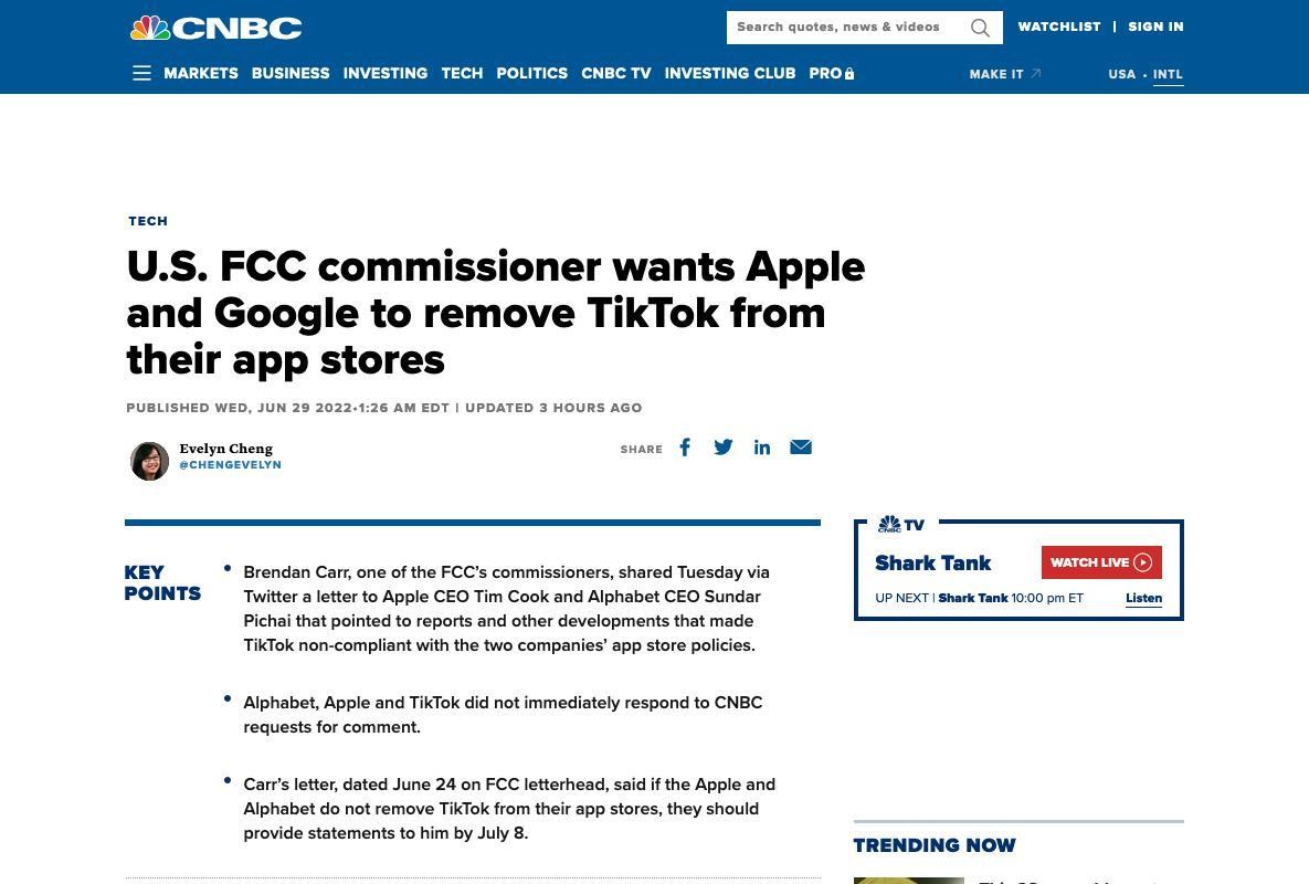 米国当局がTikTokをAppleおよびGoogleのアプリストアから削除するよう要請