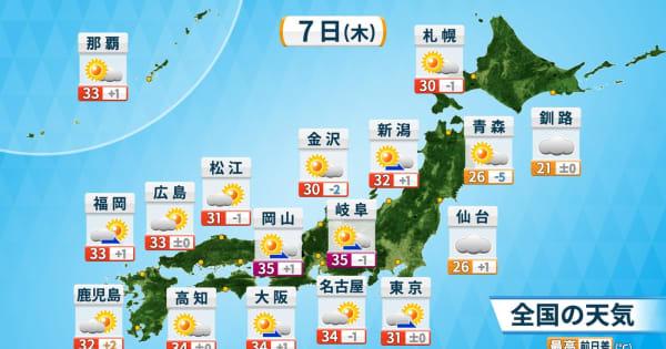 【きょう(木)の天気】東～西日本 急な雨や雷雨に注意　東海や西日本で35℃前後の暑さに