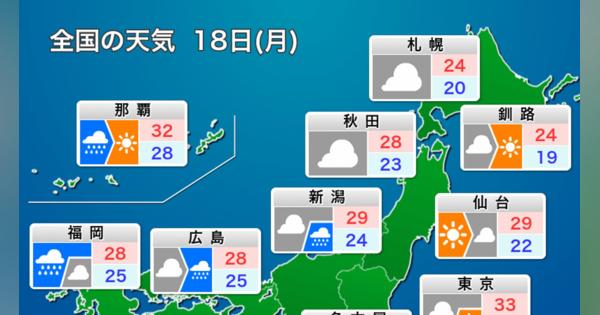 海の日の天気は？ 東京など関東は蒸し暑い。西日本では雨が強まるおそれも