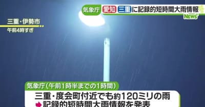 愛知県西尾市付近や三重県度会町付近で記録的短時間大雨情報　気象庁