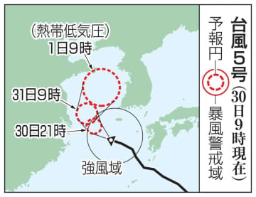 九州南部・四国で大雨警戒　台風5号は東シナ海へ移動
