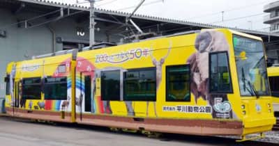 ZOOっと平川号、出発進行！　コアラ、ホワイトタイガーラッピング電車に動物公園の人気者集合　鹿児島市交通局