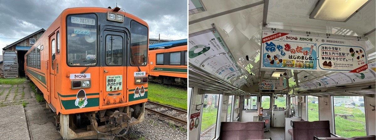 津軽鉄道、「きのこの山・たけのこの里」とコラボした特別車両『夢見るきのたけ号』運行中