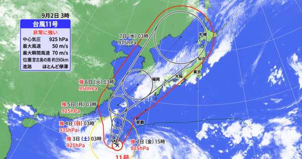 非常に強い台風11号　あす3日の夜に先島諸島にかなり接近　来週前半は九州接近のおそれ　本州付近も局地的な大雨に警戒