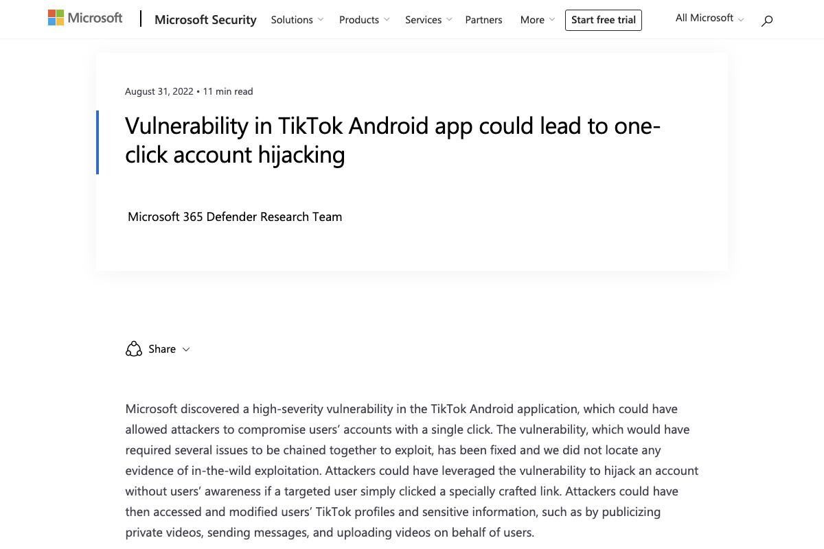 TikTokアプリにワンクリックでアカウント侵害できる脆弱性、Microsoft発見