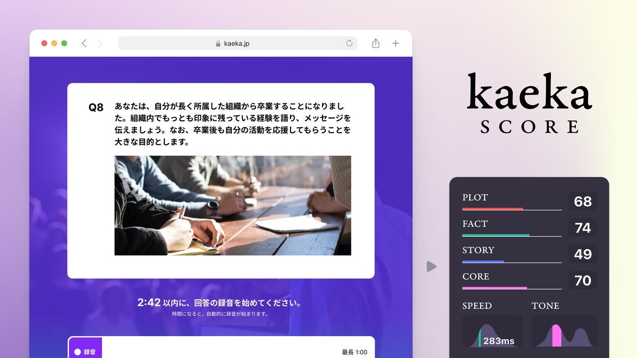 カエカ、シードラウンドとして1.2億円の資金調達を実施。話す力を数値化し強みと課題を見つける「kaeka score」をリリース。