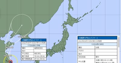 台風12号、気象庁の進路予想と米軍の見方は　2022年9月15日6時時点