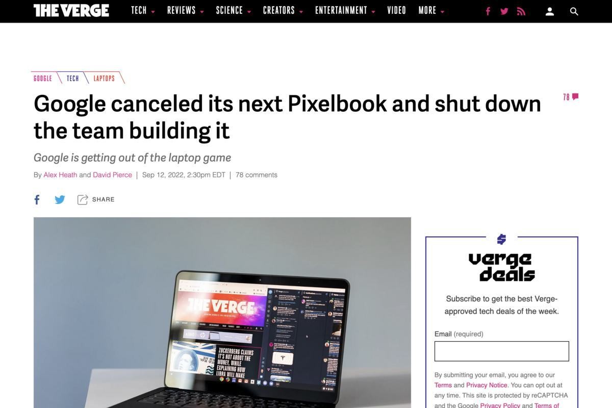 Google、自社製Chromebook「Pixelbook」の開発を中止しチームも解散か
