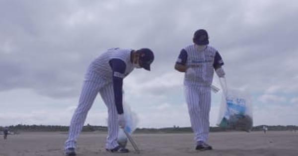 石川ミリオンスターズの選手も 内灘海水浴場で清掃活動