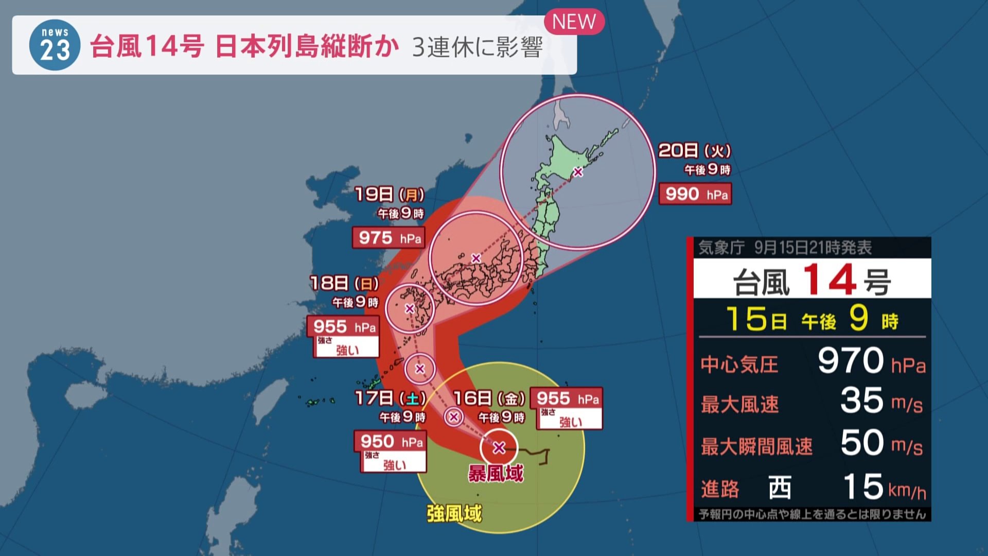 台風14号警戒 3連休に九州に接近・上陸のおそれ 日本列島縦断コースか