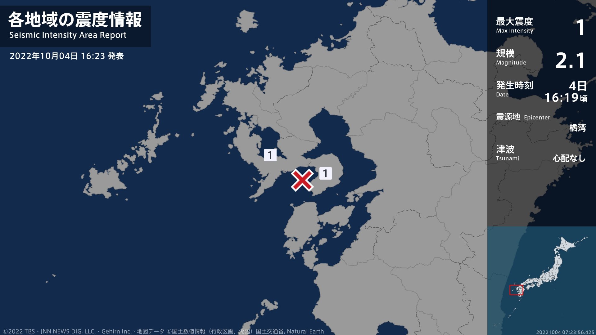 長崎県で最大震度1の地震