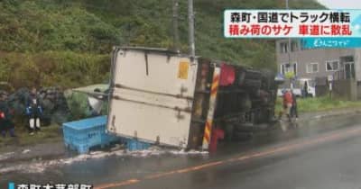 【トラック横転】積んでいた大量のサケが国道に散乱　北海道・森町