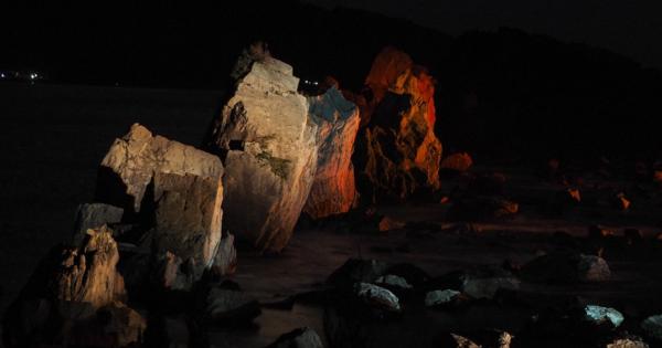 闇夜に浮かぶ名勝・橋杭岩　70色の光でライトアップ　和歌山・串本