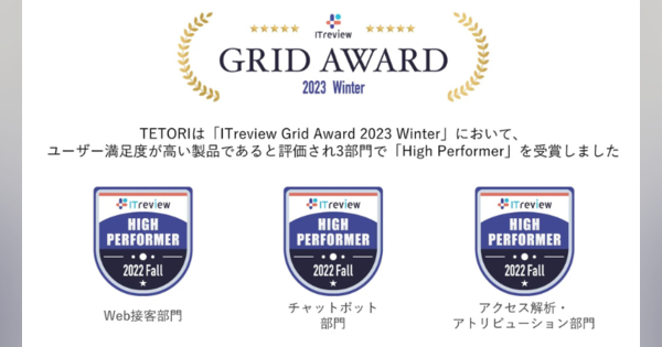 Web接客ツール「TETORI」、ITreview で「High Performer」を受賞