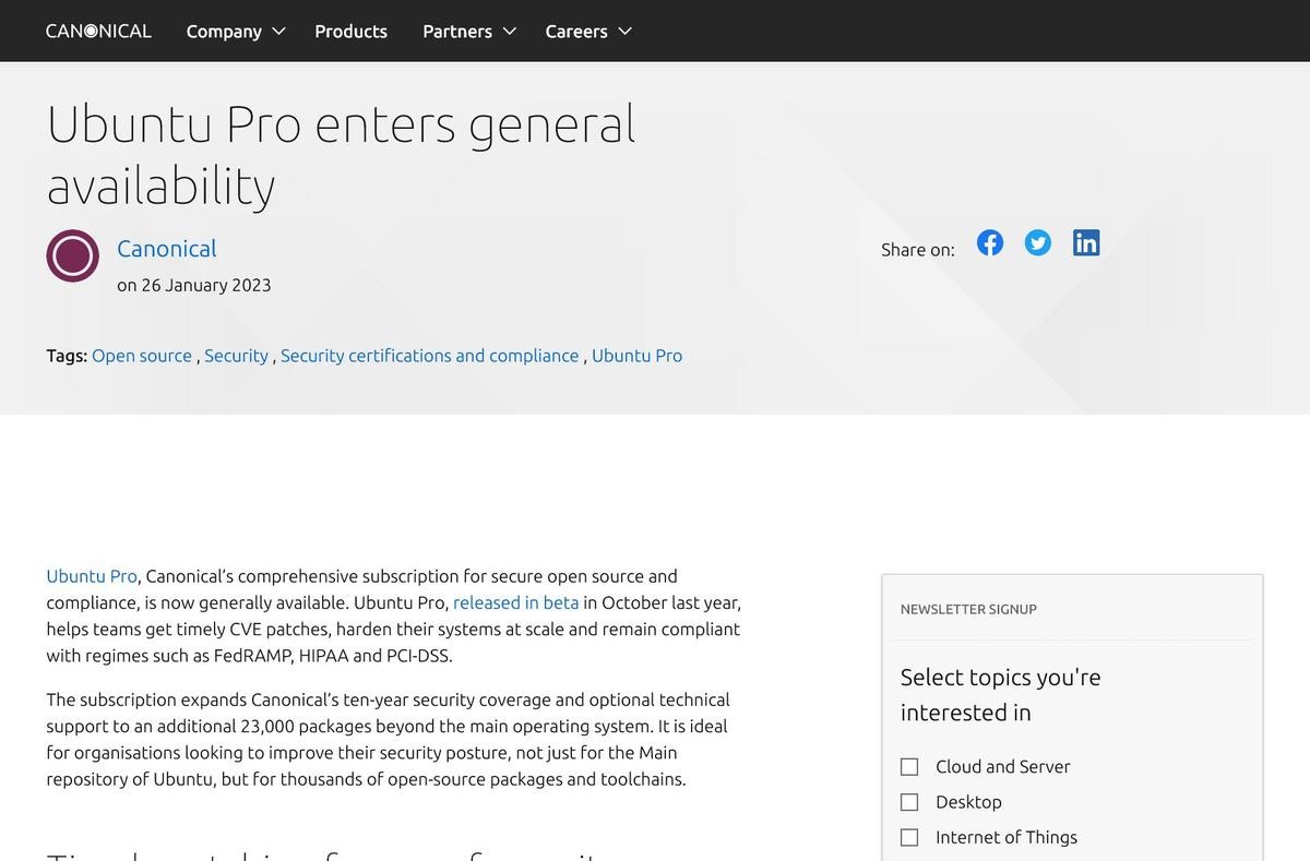 Ubuntu Pro一般提供開始、個人は5台まで無料 (TECH+)