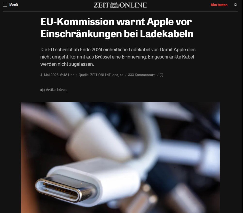 欧州委員会がAppleに警告　「USB Type-C端子でも独自機能付けるなら販売認めない」　独メディア報道