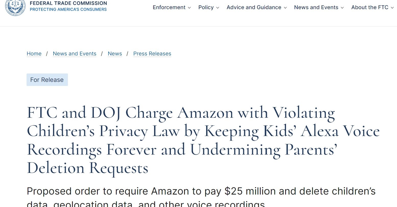 Amazon、「Alexa」による児童オンラインプライバシー法違反で罰金2500万ドル