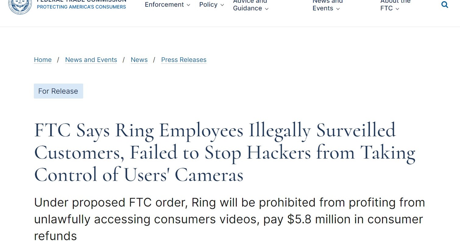 Amazon傘下のRing、プライバシー訴訟で580万ドルの和解金　「従業員がユーザーの動画を閲覧」