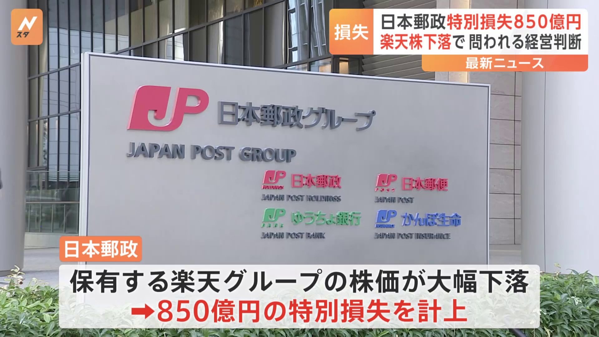 日本郵政 楽天グループ株式に関連して850億円の損失を計上 減損処理を発表