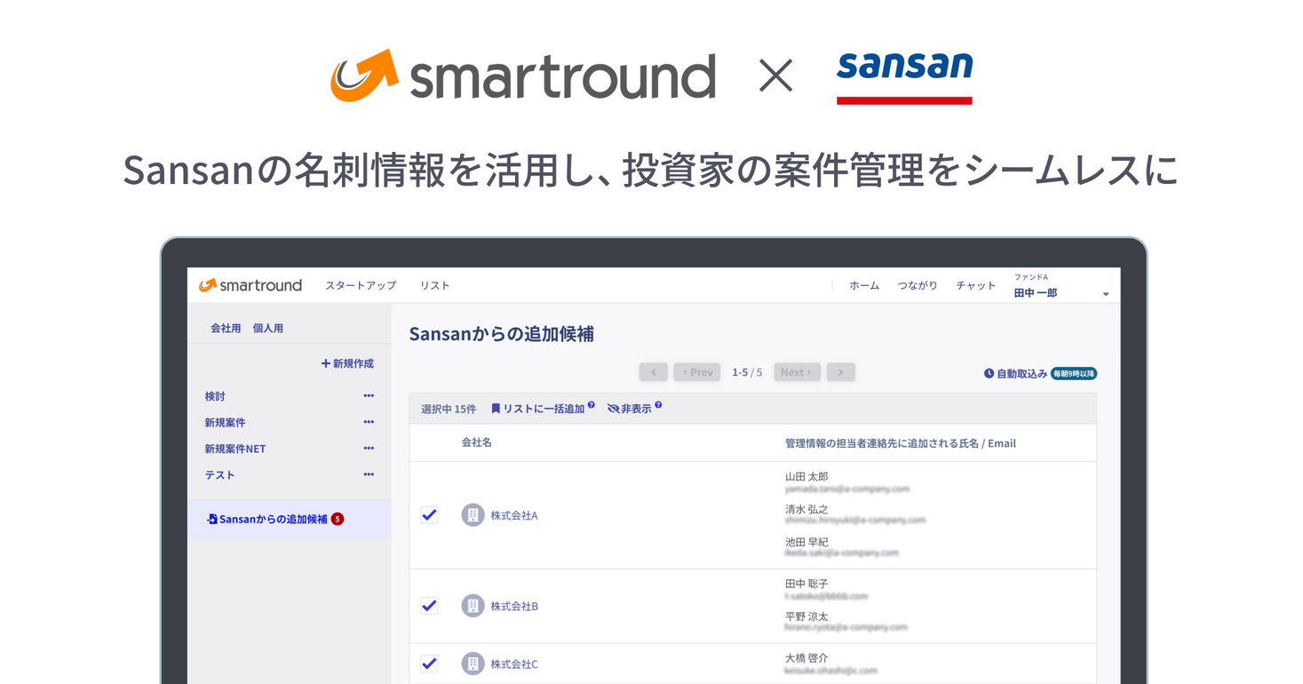 smartroundがSansanと連携、投資家向け「案件管理」機能で名刺情報の自動取り込みが可能に