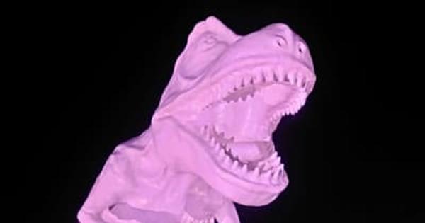 福井県勝山市のホワイトザウルスが期間限定で青とピンクに　手話と乳がん啓発、恐竜オブジェも