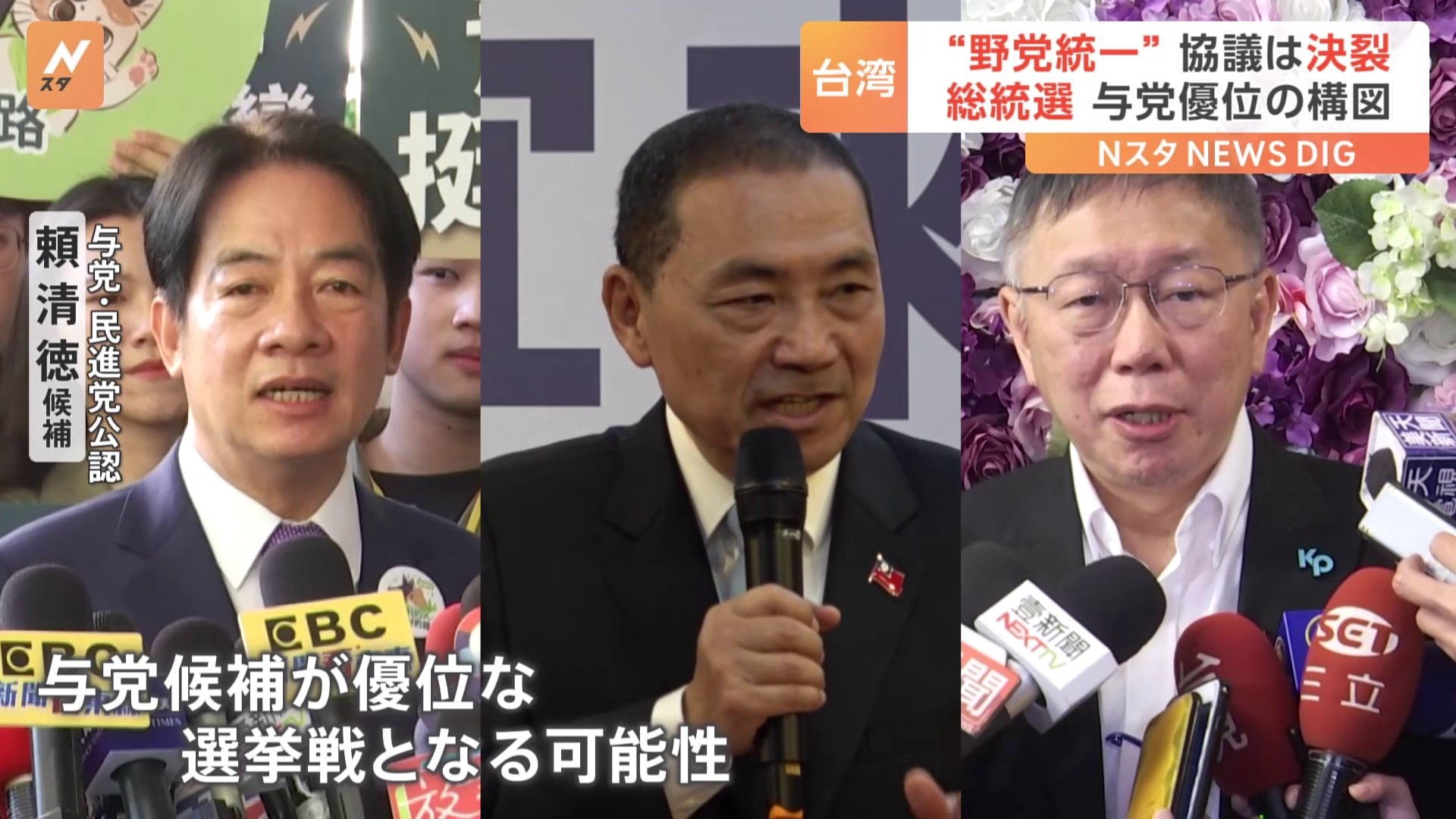 台湾総統選　“野党統一” 協議は決裂　与党候補が優位な選挙戦となる可能性