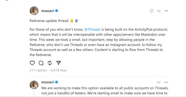 ThreadsのポストのMastodonでの表示テスト開始　Mastodonでのフォローも可能に