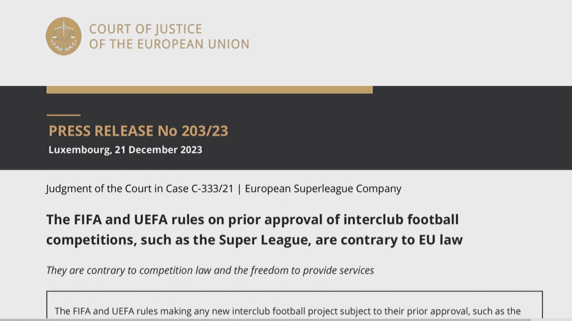 サッカー強豪クラブ「スーパーリーグ」阻止は競争法違反　EU司法裁判所