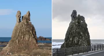 トトロ岩、左耳崩落か　石川県・輪島の海岸