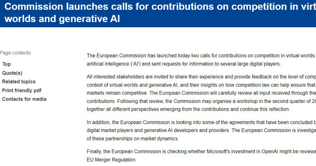 EU、MicrosoftとOpenAIの提携を調査へ