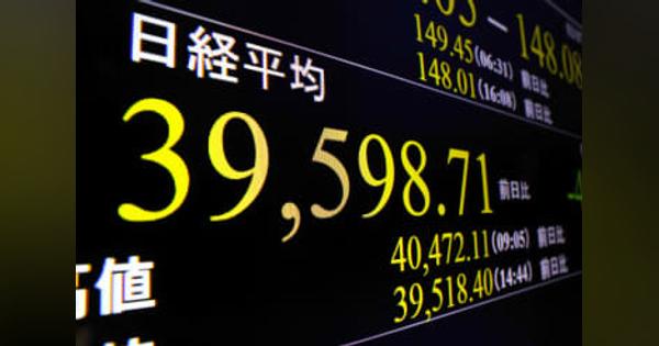 東証大幅続落、4万円割れ　492円安、朝方は最高値