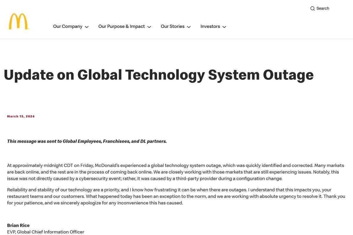 マクドナルド、全世界でシステムダウン - 原因は業者による設定変更と発表