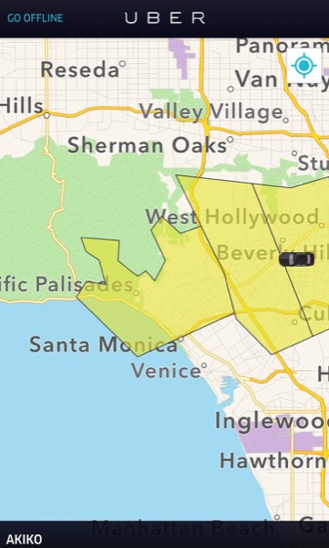 LA西部で乗車の需要が増えていることを示すウーバーの地図情報