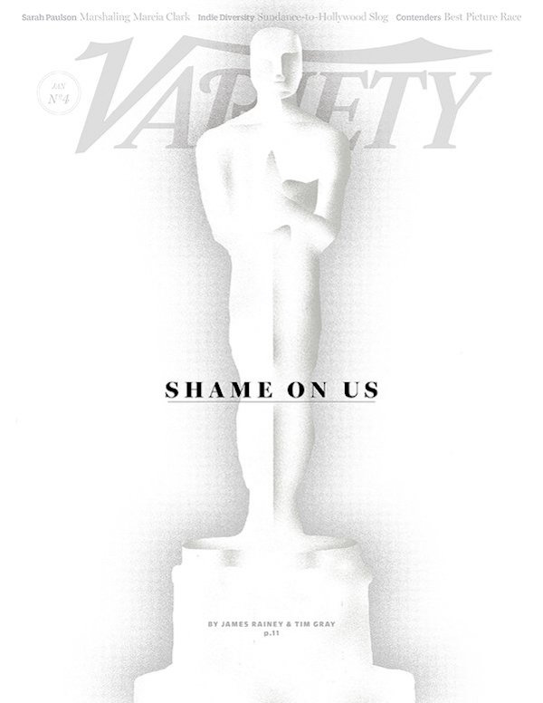 業界紙「Variety」の表紙に掲載された漂白されたオスカー像と「SHAME ON US」のメッセージ。USには「私たち」と「アメリカ」の両方の意味がかかっている。