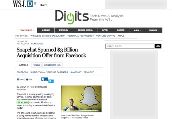 買収が破談になった後、フェイスブックは2013年にインスタグラムを買収。2014年には「Slingshot」という、スナップチャットによく似た仕様のメッセージアプリをリリースするが、昨年末に提供を終了した | THE WALL STREET JOURNAL http://blogs.wsj.com/digits/2013/11/13/snapchat-spurned-3-billion-acquisition-offer-from-facebook/