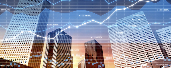 Business district: stock market and finance data on city background