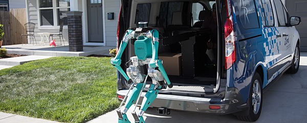 無人配達車から玄関まで荷物を運ぶ二足歩行ロボット フォードが開発