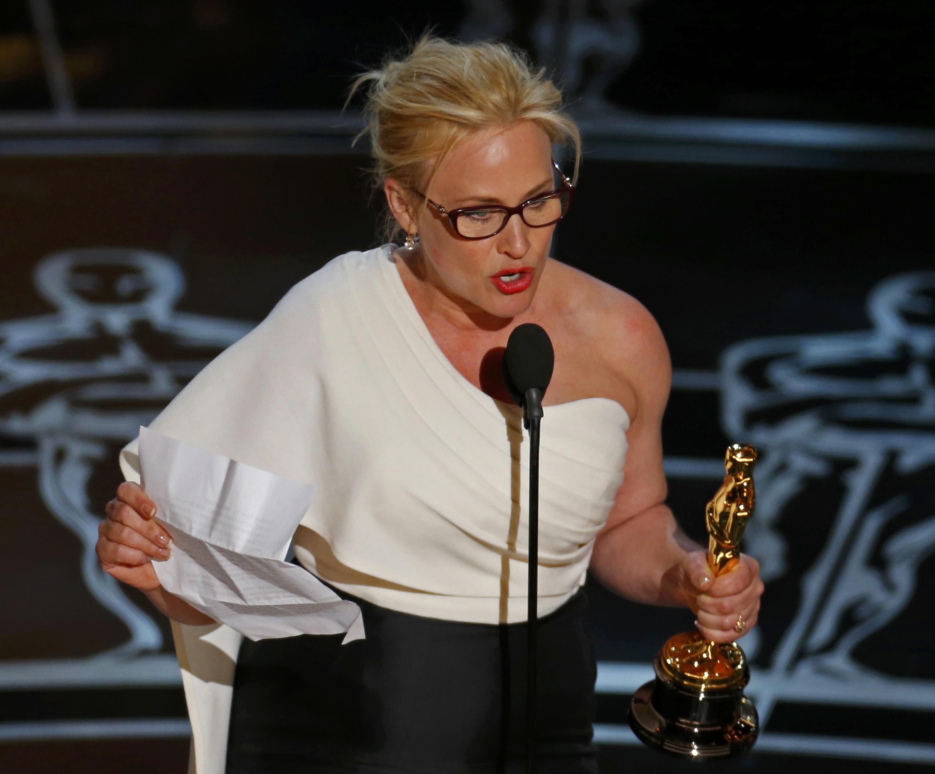 Patricia Arquette speaks after winning the Oscar for Best Supporting Actress for her role in Boyhood.  Photograph: Mike Blake/Reuters/Aflo 