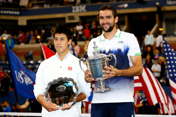 錦織圭は2014年の全米オープンで日本人初の準優勝という快挙を成し遂げた。（右は優勝者のチリッチ）